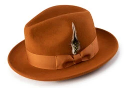 (XL) Wool Felt Fedora Pinch Front With Feather Accent In Cognac