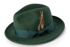 Wool Felt Fedora Pinch Front With Feather Accent In Hunter Green