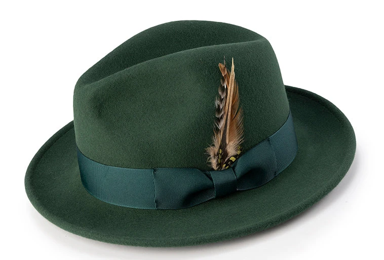 Wool Felt Fedora Pinch Front With Feather Accent In Hunter Green 1 Wool Felt Fedora Pinch Front With Feather Accent In Hunter Green