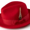 Wool Felt Fedora Pinch Front With Feather Accent In Red