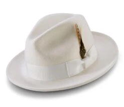 Wool Felt Fedora Pinch Front With Feather Accent In White