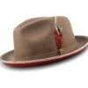 2 ¼" Brim Wool Felt Dress Hat With Feather Accent Tan With Red Bottom