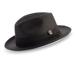 Black Wide Brim Braided Pinch Fedora Hat With White Bottom