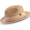 Tan Wide Brim Braided Pinch Fedora Hat With Red Bottom