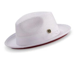 White Wide Brim Braided Pinch Fedora Hat With Red Bottom