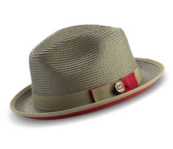 Two Tone Braided Ribbon Stingy Brim Pinch Fedora - Olive With Red Bottom