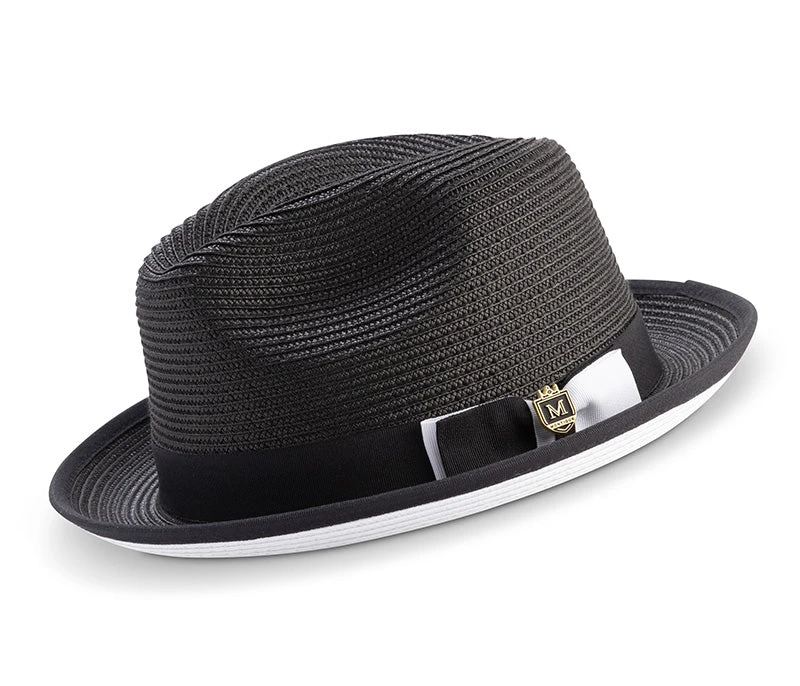 Two Tone Ribbon Stingy Brim Pinch Braided Fedora - Black With White Bottom 1 Two Tone Ribbon Stingy Brim Pinch Braided Fedora - Black With White Bottom