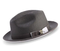 Two Tone Ribbon Stingy Brim Pinch Braided Fedora - Gray With White Bottom