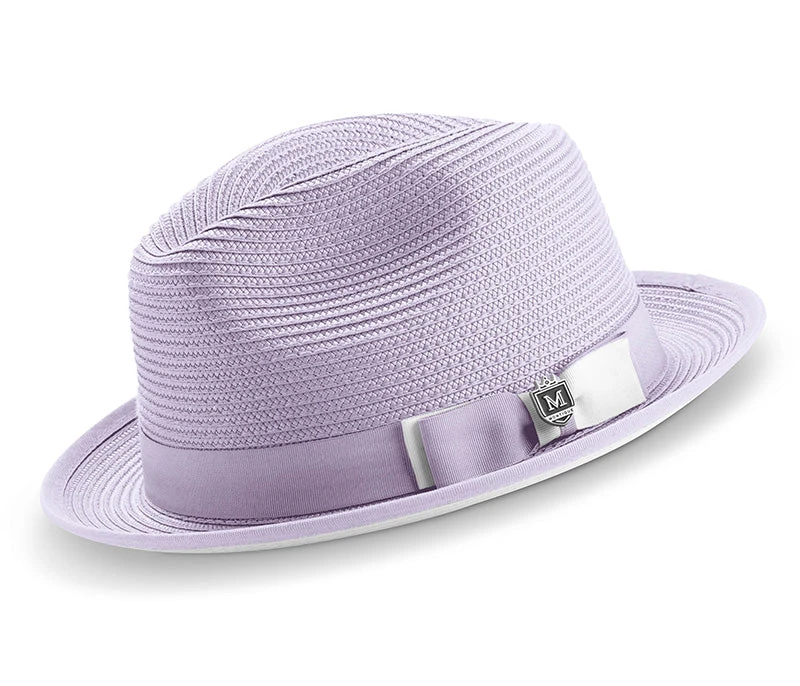 Two Tone Ribbon Stingy Brim Pinch Braided Fedora - Lavender With White Bottom 1 Two Tone Ribbon Stingy Brim Pinch Braided Fedora - Lavender With White Bottom