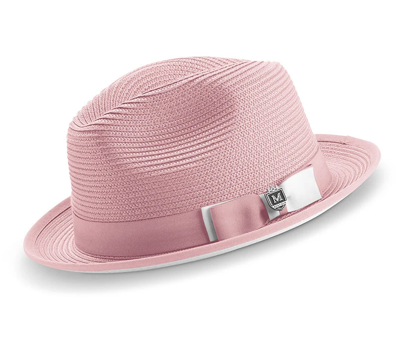 Two Tone Ribbon Stingy Brim Pinch Braided Fedora - Pink With White Bottom 1 Two Tone Ribbon Stingy Brim Pinch Braided Fedora - Pink With White Bottom