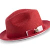 Two Tone Ribbon Stingy Brim Pinch Braided Fedora - Red With White Bottom