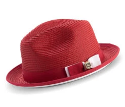 Two Tone Ribbon Stingy Brim Pinch Braided Fedora - Red With White Bottom