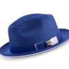 Two Tone Ribbon Stingy Brim Pinch Braided Fedora - Royal Blue With White Bottom