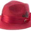 Red Solid Color Pinch Braided Fedora With Matching Satin Ribbon