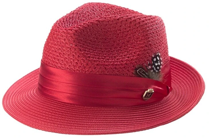 (M) Red Solid Color Pinch Braided Fedora With Matching Satin Ribbon 1 (M) Red Solid Color Pinch Braided Fedora With Matching Satin Ribbon