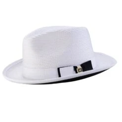 Braided Stingy Brim Pinch Fedora Hat - White With Black Bottom
