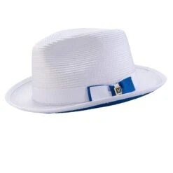 Braided Stingy Brim Pinch Fedora Hat - White With Cobalt Bottom