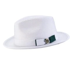 Braided Stingy Brim Pinch Fedora Hat - White With Emerald Bottom