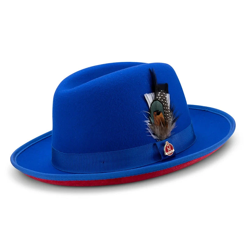 Royal Blue 2 ¾" Brim Red Bottom Wool Felt Dress Hat 1 Royal Blue 2 ¾" Brim Red Bottom Wool Felt Dress Hat