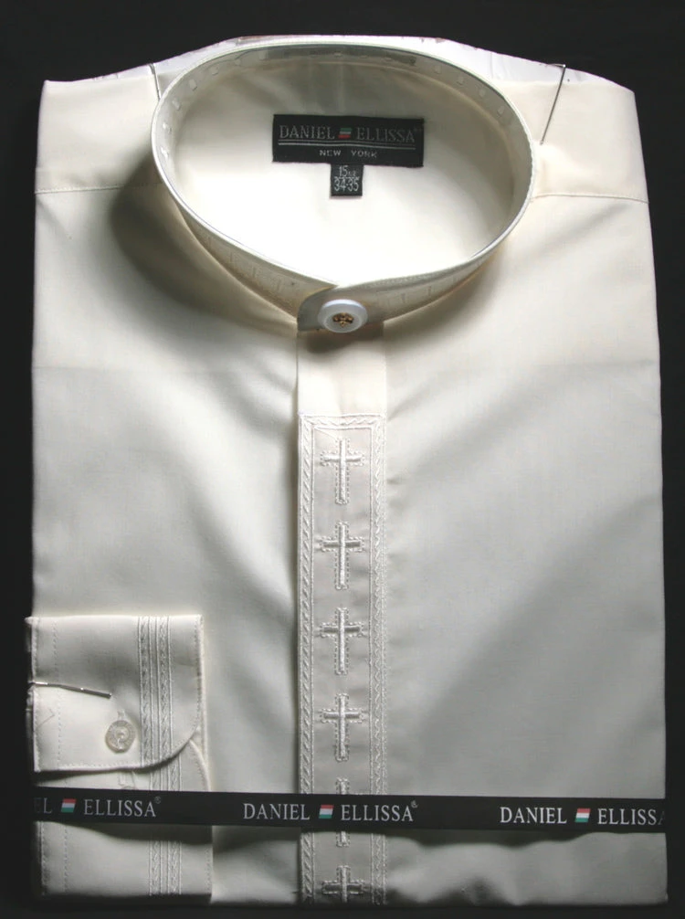 Men's Banded Collar Embroidered Shirt In Ivory 1 Men's Banded Collar Embroidered Shirt In Ivory
