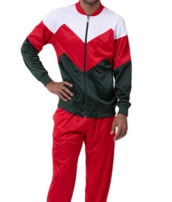 Men's Track Suit Chevron Design In Red & Hunter Green