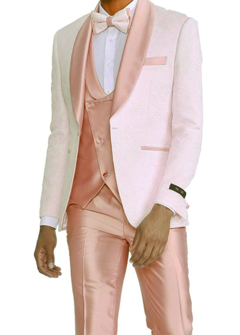 Rose Gold Pink Slim Fit Tuxedo 4 Piece With Satin Shawl Collar Beveled Designed Vest 1 Rose Gold Pink Slim Fit Tuxedo 4 Piece With Satin Shawl Collar Beveled Designed Vest