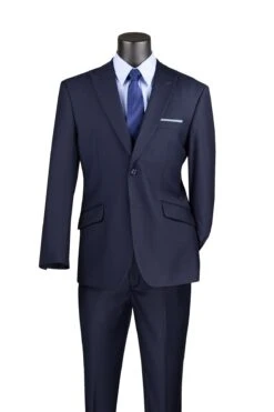 Navy Modern Fit 2 Piece Suit Textured Solid With Peak Lapel