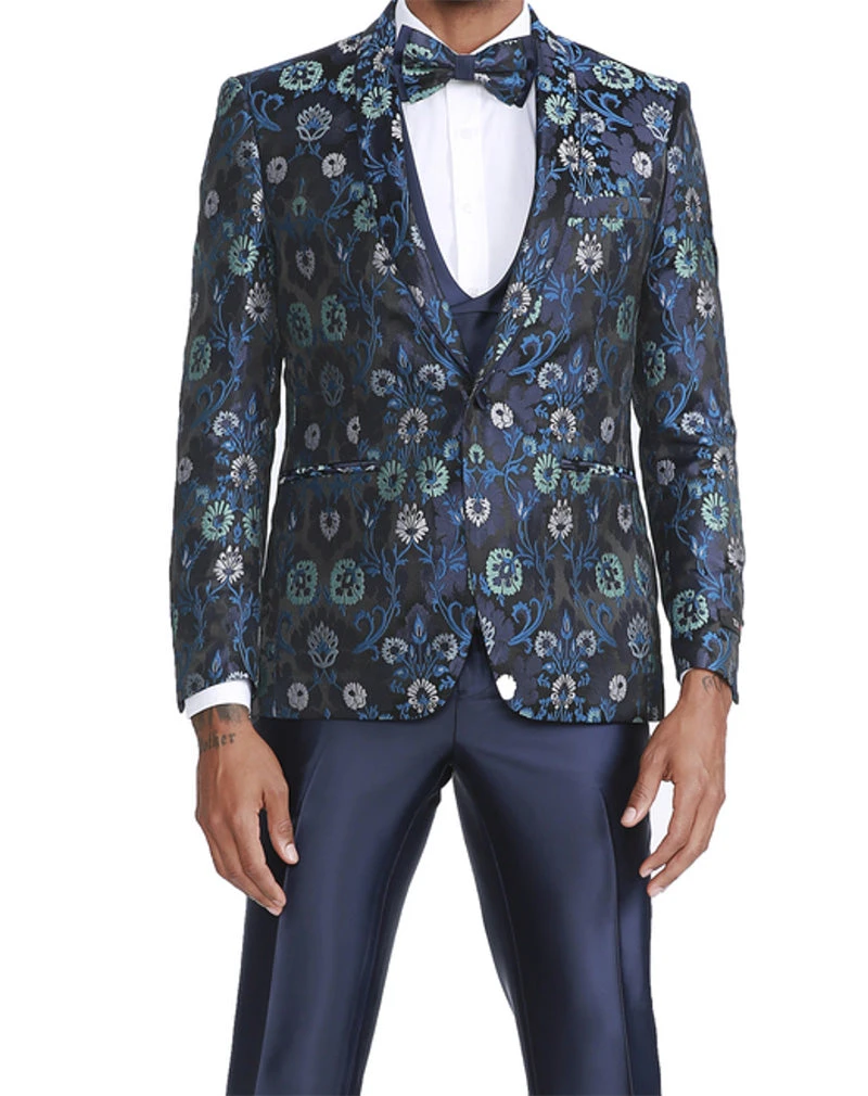 (44R) Navy Slim Fit Tuxedo 4 Piece Floral Pattern With Bow Tie 1 (44R) Navy Slim Fit Tuxedo 4 Piece Floral Pattern With Bow Tie