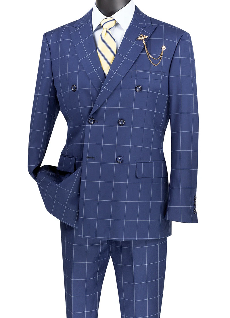 Naples Collection - Blue Modern Fit Double Breasted Windowpane Peak Lapel 2 Piece Suit 1 Naples Collection - Blue Modern Fit Double Breasted Windowpane Peak Lapel 2 Piece Suit