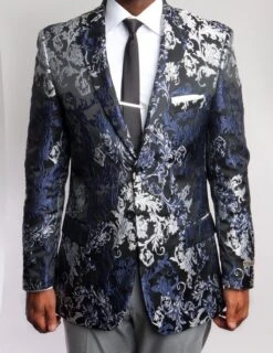 Empire Collection - Mens Modern Fit Black And Silver Floral Sports Coat