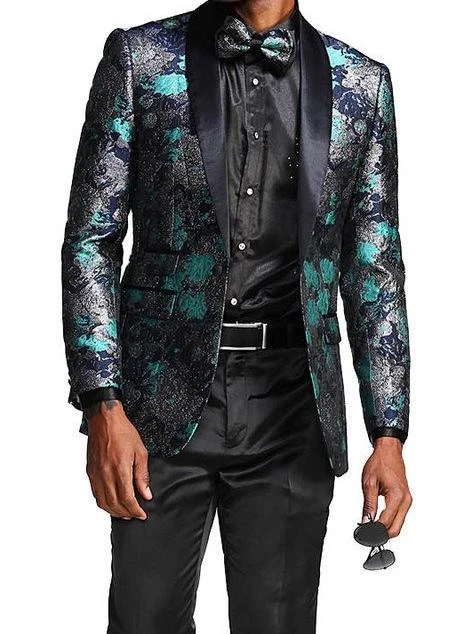 Slim Fit Floral Pattern Blazer Satin Shawl Collar With Bow Tie In Turquoise 1 Slim Fit Floral Pattern Blazer Satin Shawl Collar With Bow Tie In Turquoise