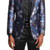 Slim Fit Floral Pattern Blazer Satin Shawl Collar With Bow Tie In Blue