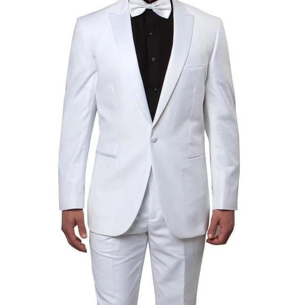 Slim Fit 2 Piece White Tuxedo With White Satin Peak Lapel 1 Slim Fit 2 Piece White Tuxedo With White Satin Peak Lapel