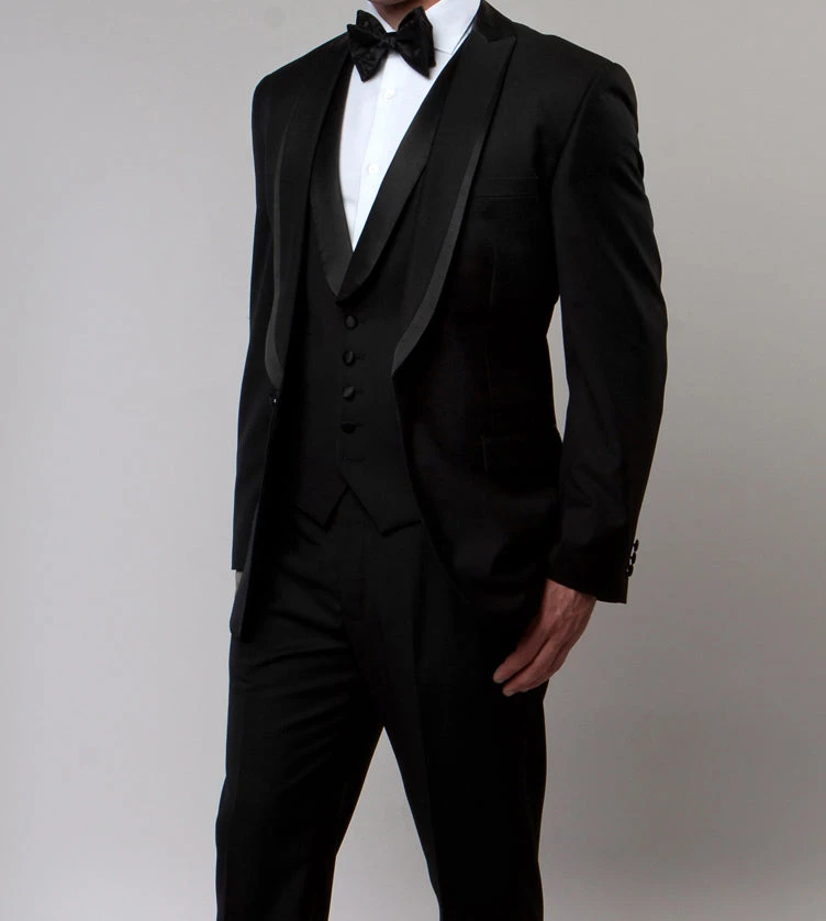 Black Slim Fit Tuxedo 3 Piece With Satin Shawl Collar Vest 1 Black Slim Fit Tuxedo 3 Piece With Satin Shawl Collar Vest
