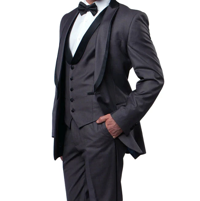 (42L) Gray Slim Fit Tuxedo 3 Piece With Satin Shawl Collar Vest 1 (42L) Gray Slim Fit Tuxedo 3 Piece With Satin Shawl Collar Vest