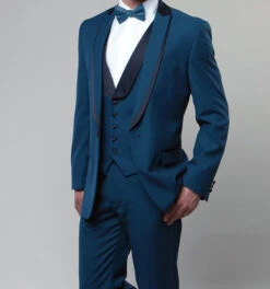 Blue Slim Fit Tuxedo 3 Piece With Satin Shawl Collar Vest