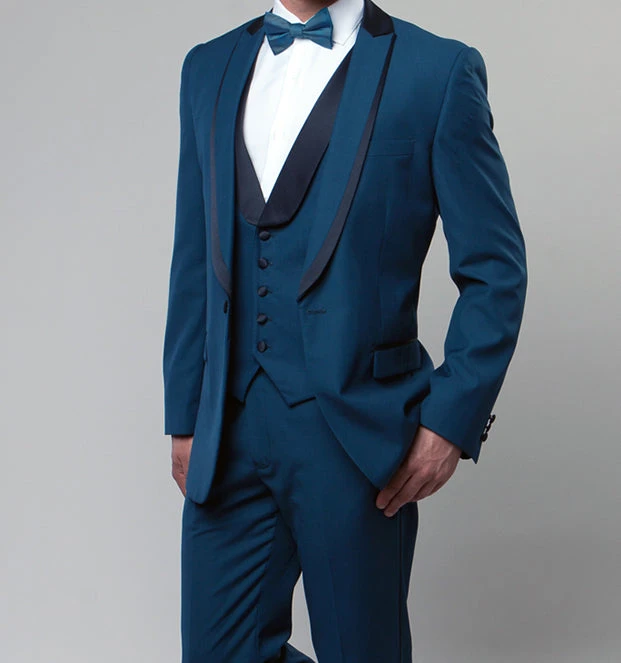 Blue Slim Fit Tuxedo 3 Piece With Satin Shawl Collar Vest 1 Blue Slim Fit Tuxedo 3 Piece With Satin Shawl Collar Vest