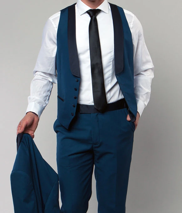 Blue Slim Fit Tuxedo 3 Piece With Satin Shawl Collar Vest 2 Blue Slim Fit Tuxedo 3 Piece With Satin Shawl Collar Vest - Image 2