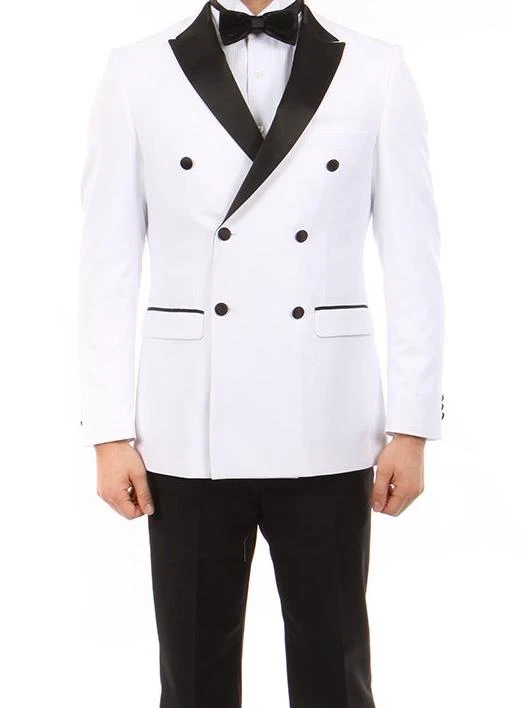 Double Breasted Slim Fit Tuxedo White With Black Satin Peak Lapel 1 Double Breasted Slim Fit Tuxedo White With Black Satin Peak Lapel
