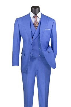French Blue Modern Fit 3 Piece Suit With Vest And Adjustable Waist Band Pants