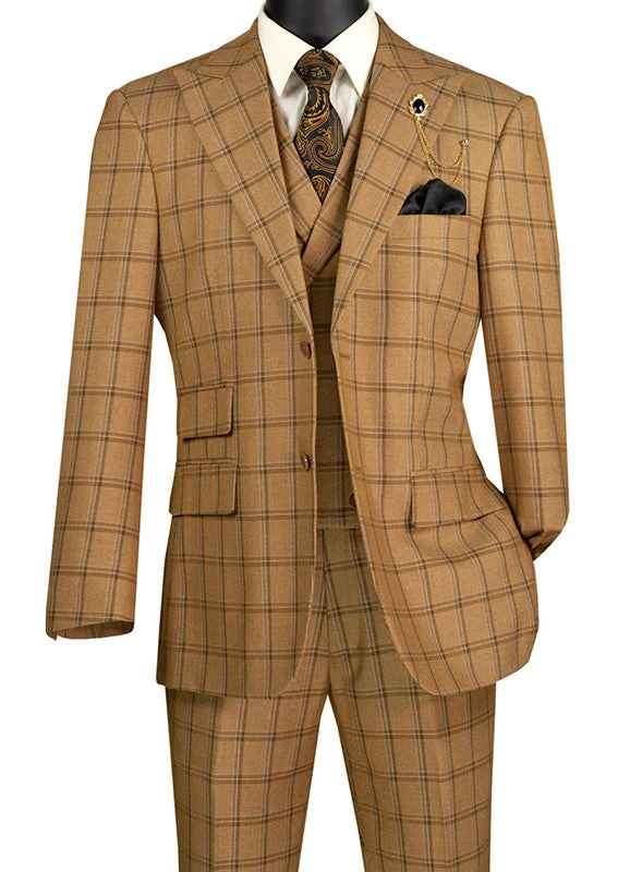 Tuscany Collection - Modern Fit Windowpane Suit 3 Piece In Camel 1 Tuscany Collection - Modern Fit Windowpane Suit 3 Piece In Camel