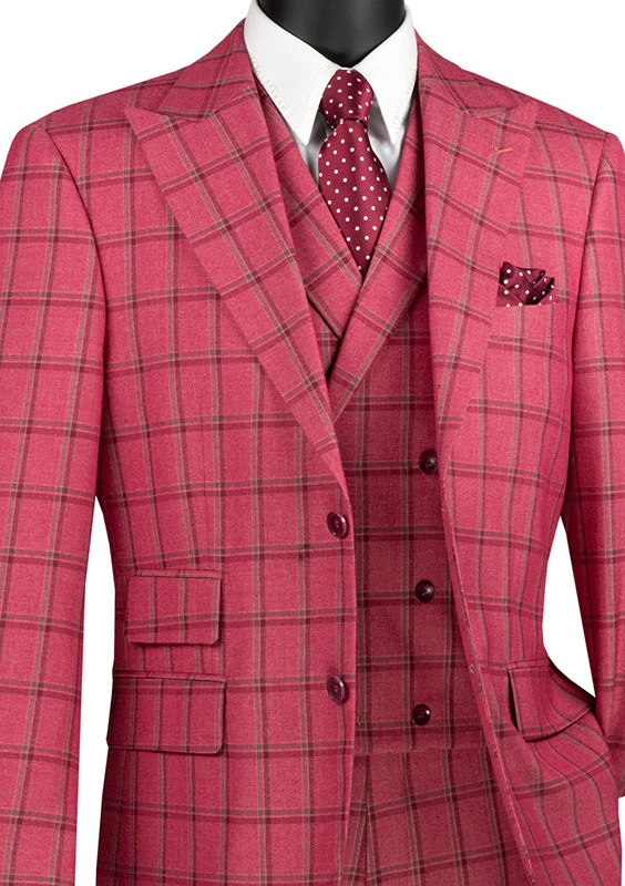 Tuscany Collection - Modern Fit Windowpane Suit 3 Piece In Raspberry 2 Tuscany Collection - Modern Fit Windowpane Suit 3 Piece In Raspberry - Image 2