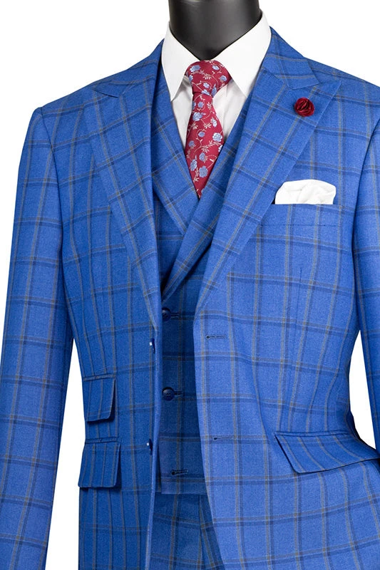 Tuscany Collection - Modern Fit Windowpane Suit 3 Piece In Royal Blue 2 Tuscany Collection - Modern Fit Windowpane Suit 3 Piece In Royal Blue - Image 2