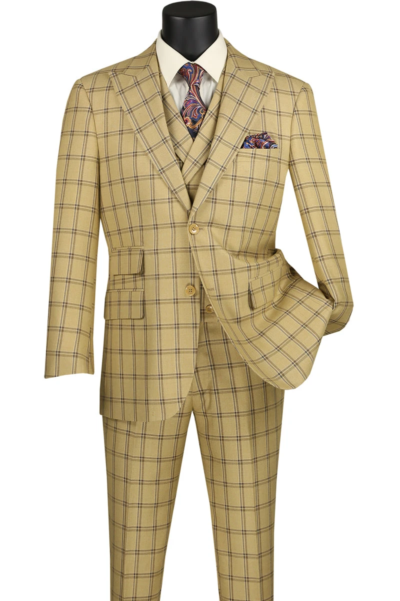 Tuscany Collection - Modern Fit Windowpane Suit 3 Piece In Tan 1 Tuscany Collection - Modern Fit Windowpane Suit 3 Piece In Tan
