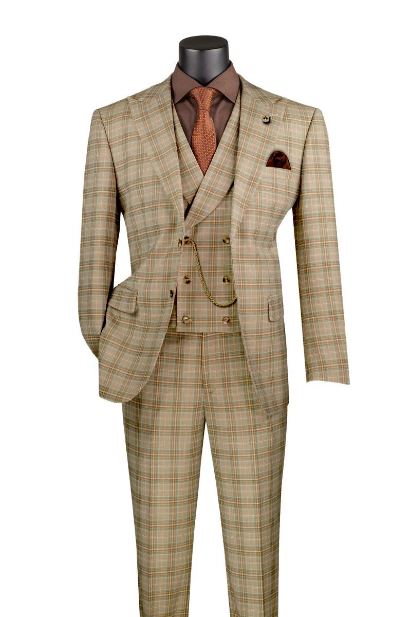 Khaki Modern Fit Windowpane Peak Lapel 3 Piece Suit 1 Khaki Modern Fit Windowpane Peak Lapel 3 Piece Suit