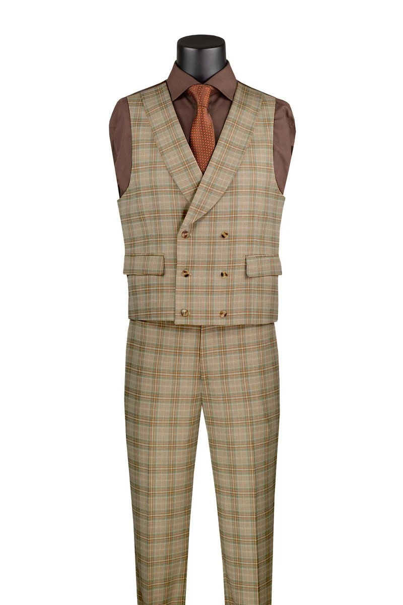 Khaki Modern Fit Windowpane Peak Lapel 3 Piece Suit 2 Khaki Modern Fit Windowpane Peak Lapel 3 Piece Suit - Image 2