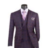 Purple Modern Fit Windowpane Peak Lapel 3 Piece Suit