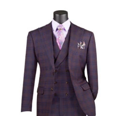 Purple Modern Fit Windowpane Peak Lapel 3 Piece Suit