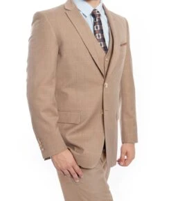 Modern Fit 3 Piece Fine Wool Suit Windowpane Tan