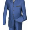 Oriental Collection - Banded Collar Slim Fit Suit Shiny Sharkskin 2 Piece Blue